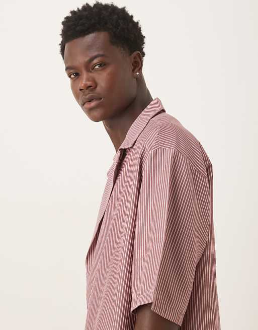 ASOS DESIGN Boxy Oversized Revere Shirt In Burgundy Stripe