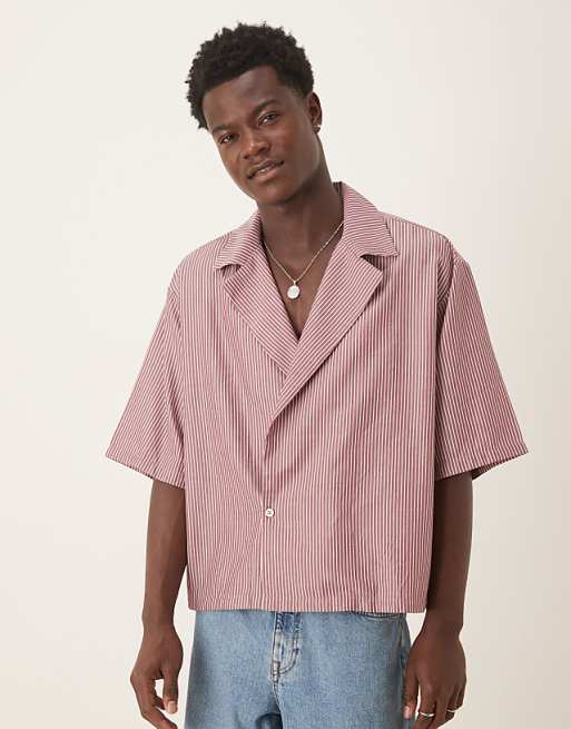 ASOS DESIGN boxy oversized revere shirt in burgundy stripe
