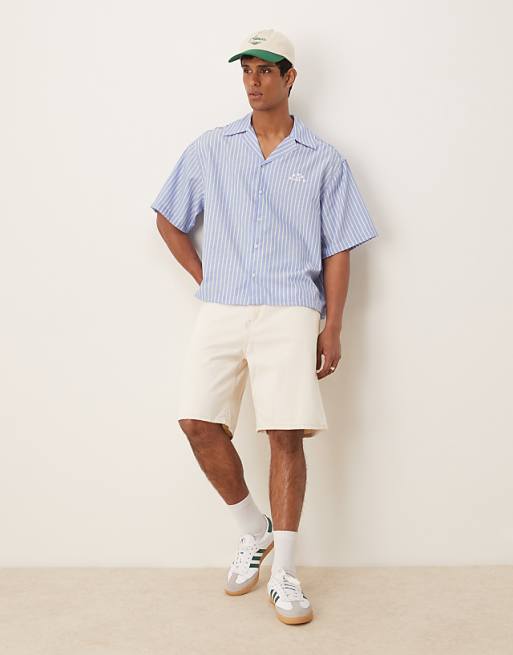 ASOS DESIGN Boxy Oversized Revere Shirt With Embroidery In Blue And White Stripe