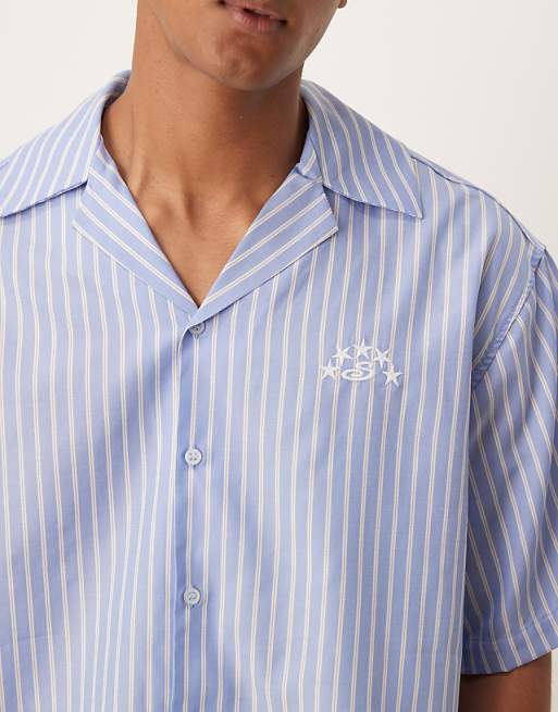 ASOS DESIGN Boxy Oversized Revere Shirt With Embroidery In Blue And White Stripe