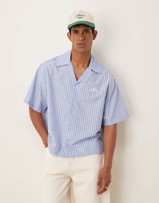 ASOS DESIGN boxy oversized revere shirt with embroidery in blue and white stripe
