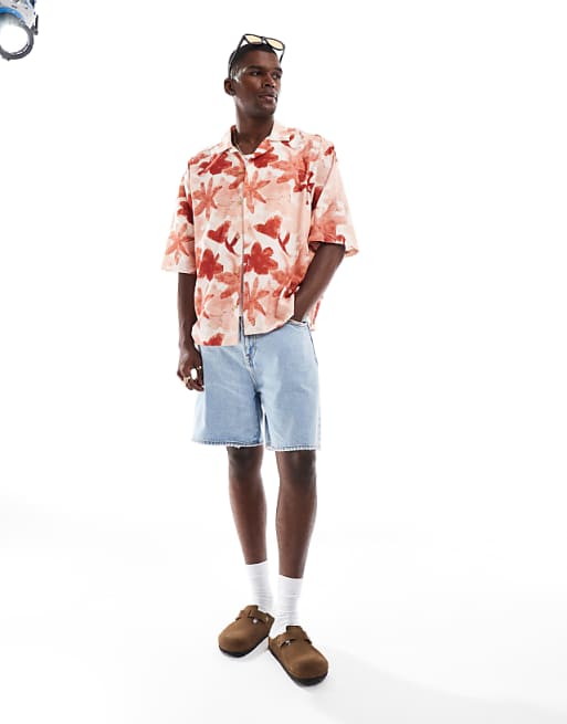 ASOS DESIGN Boxy Oversized Revere Shirt With Floral Print In Pink