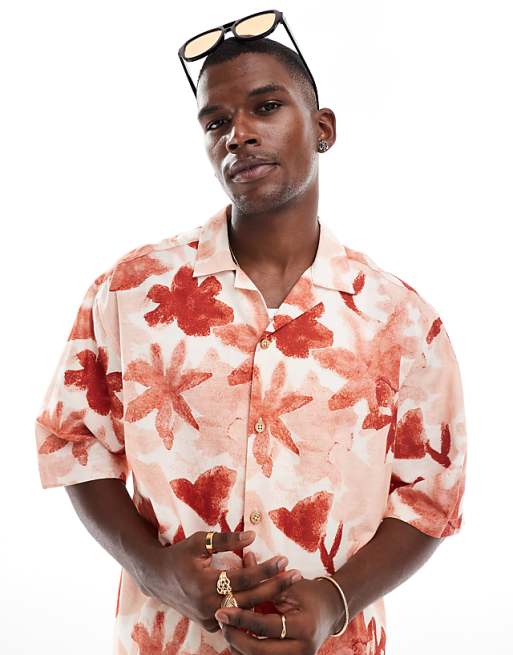 ASOS DESIGN Boxy Oversized Revere Shirt With Floral Print In Pink
