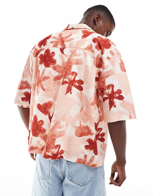 ASOS DESIGN Boxy Oversized Revere Shirt With Floral Print In Pink
