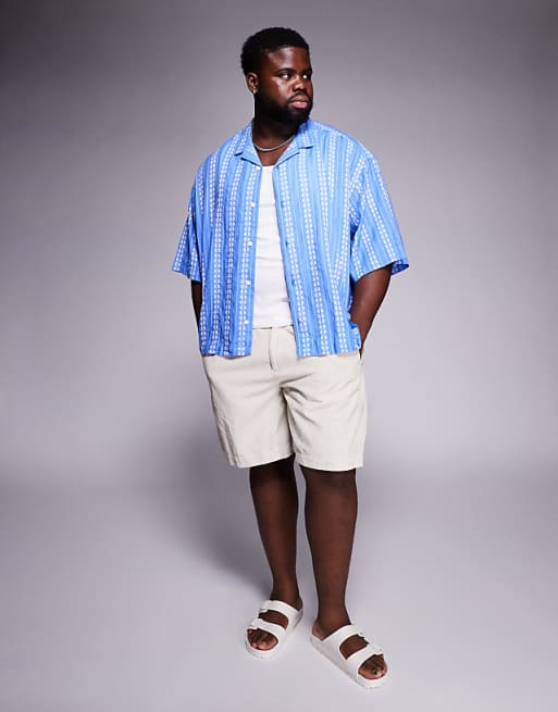 ASOS DESIGN Boxy Oversized Revere Shirt With Floral Jacquard In Blue
