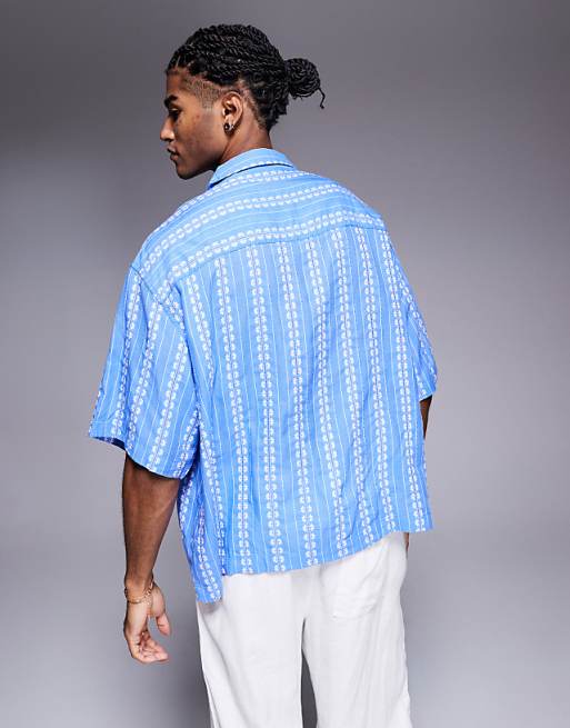 ASOS DESIGN Boxy Oversized Revere Shirt With Floral Jacquard In Blue