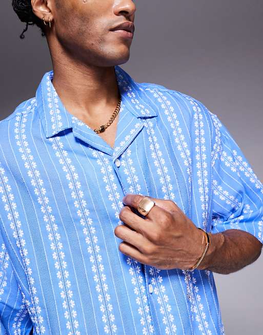 ASOS DESIGN Boxy Oversized Revere Shirt With Floral Jacquard In Blue