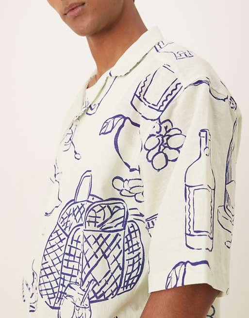 ASOS DESIGN Boxy Oversized Revere Shirt With Picnic Print In Cream