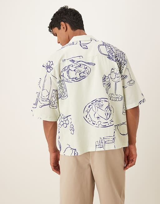 ASOS DESIGN Boxy Oversized Revere Shirt With Picnic Print In Cream