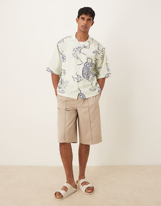 ASOS DESIGN Boxy Oversized Revere Shirt With Picnic Print In Cream