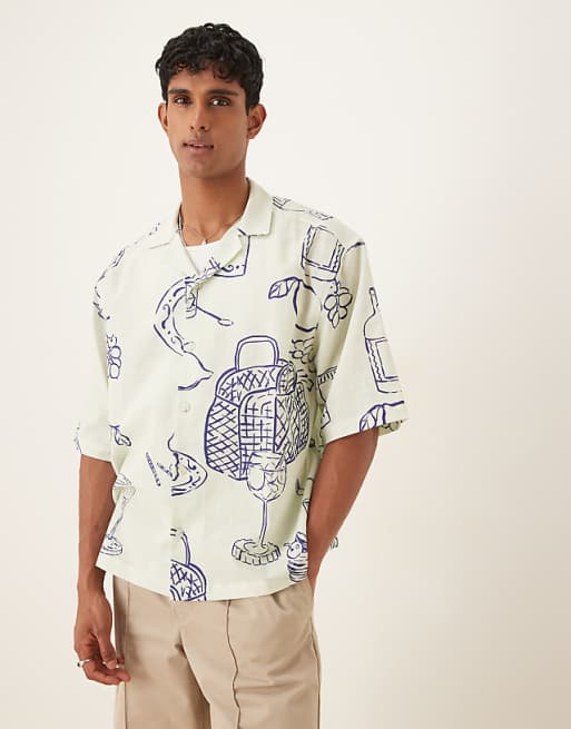ASOS DESIGN boxy oversized revere shirt with picnic print in cream