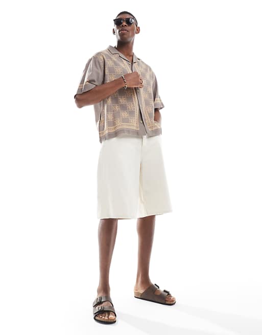 ASOS DESIGN Boxy Oversized Revere Shirt With Print In Brown