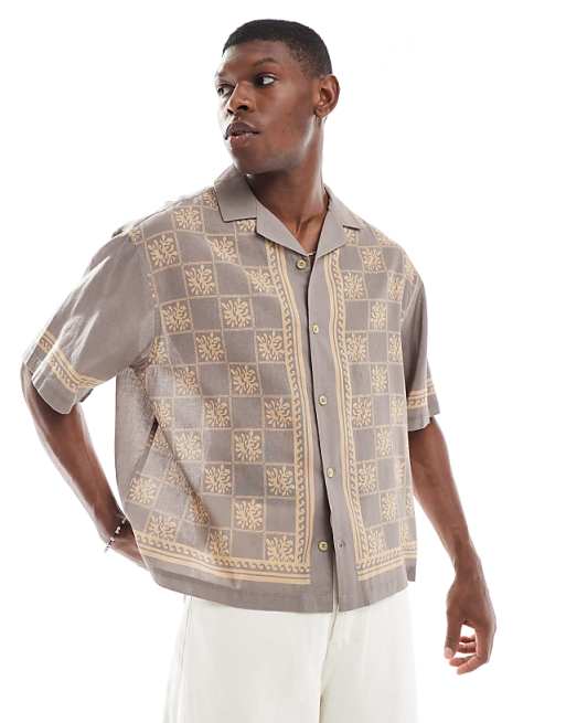 ASOS DESIGN boxy oversized revere shirt with print in brown