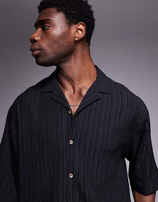 ASOS DESIGN Boxy Oversized Revere Textured Shirt In Black