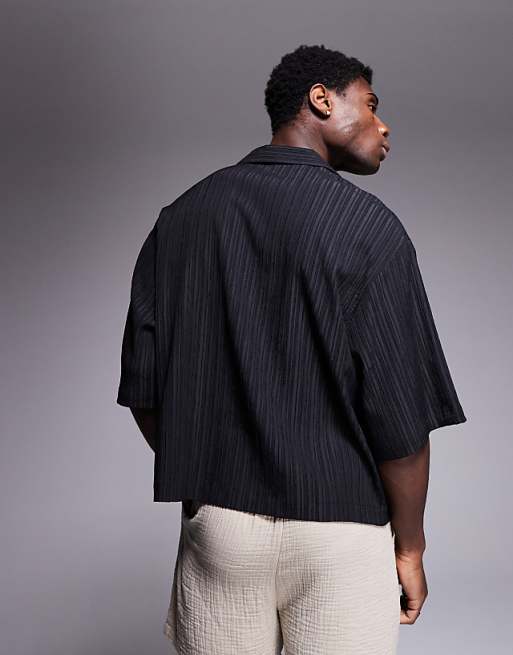 ASOS DESIGN Boxy Oversized Revere Textured Shirt In Black