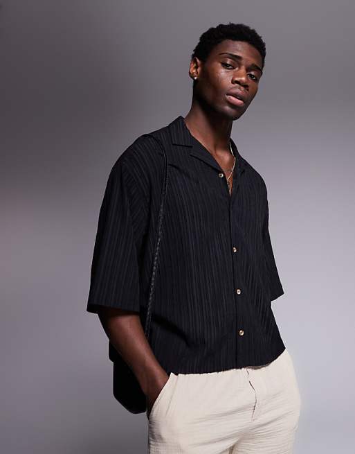 ASOS DESIGN boxy oversized revere textured shirt in black