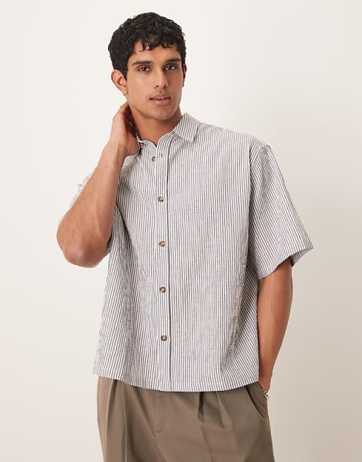 ASOS DESIGN boxy oversized seersucker shirt in black stripe