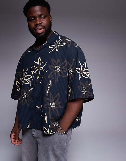ASOS DESIGN Boxy Oversized Seersucker Shirt With Flower Print In Black