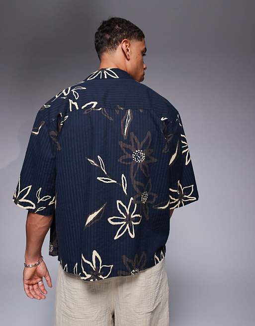 ASOS DESIGN Boxy Oversized Seersucker Shirt With Flower Print In Black