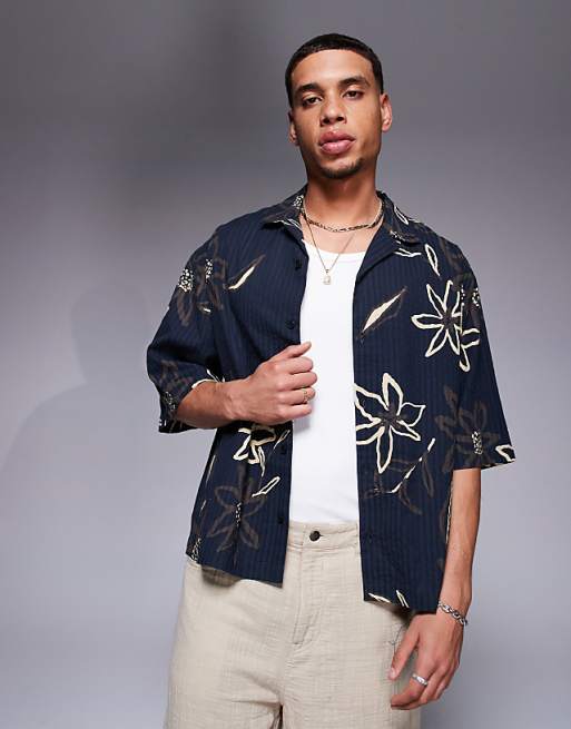ASOS DESIGN boxy oversized seersucker shirt with flower print in black