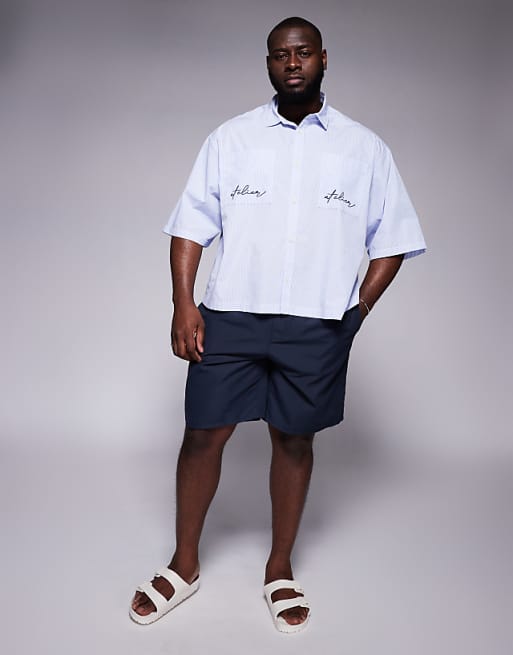 ASOS DESIGN Boxy Oversized Shirt In Blue And White Micro Check With Pocket Embroidery