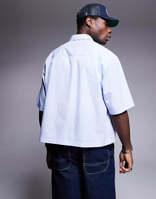 ASOS DESIGN Boxy Oversized Shirt In Blue And White Micro Check With Pocket Embroidery