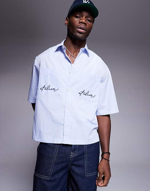 ASOS DESIGN boxy oversized shirt in blue and white micro check with pocket embroidery