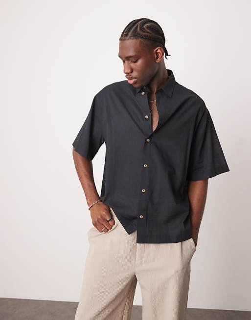 ASOS DESIGN boxy oversized shirt in linen look in black