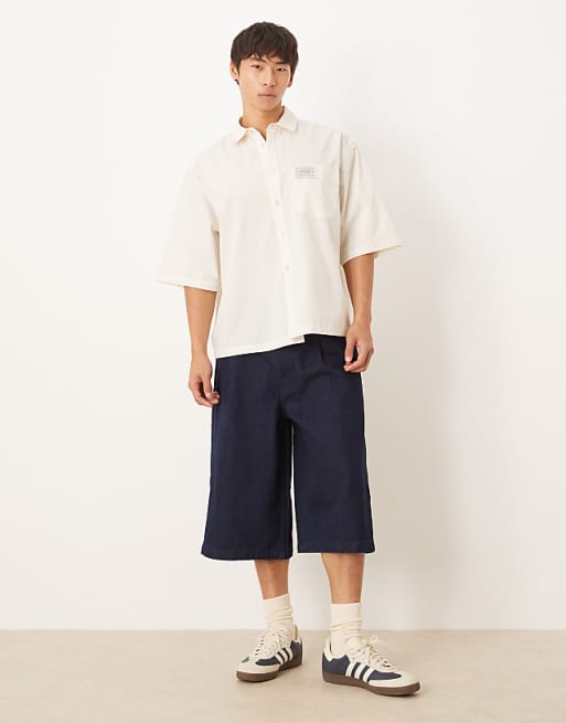 ASOS DESIGN Boxy Oversized Shirt With Chest Badge In Cream