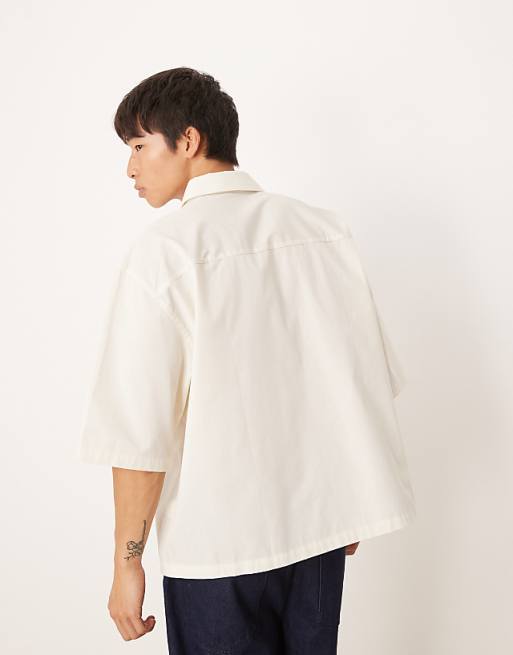 ASOS DESIGN Boxy Oversized Shirt With Chest Badge In Cream