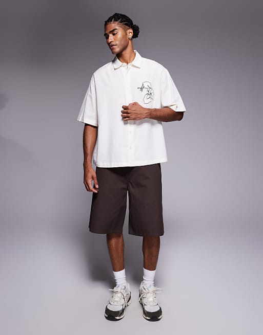 ASOS DESIGN Boxy Oversized Shirt With Chest Embroidery In Beige