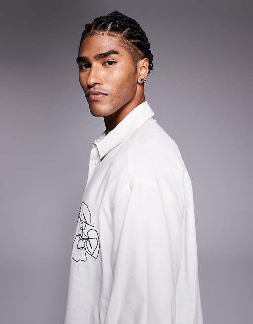 ASOS DESIGN Boxy Oversized Shirt With Chest Embroidery In Beige