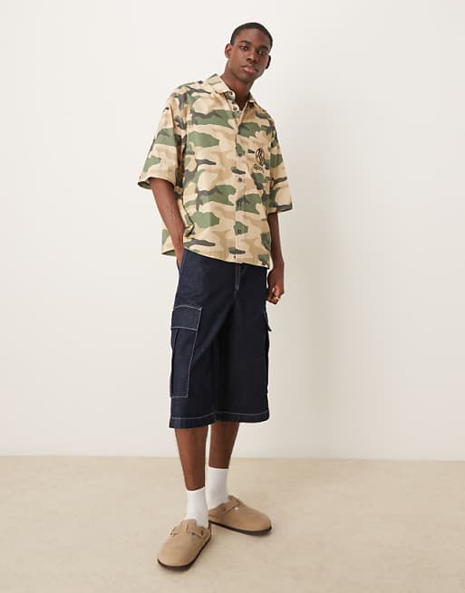 ASOS DESIGN Boxy Oversized Shirt With Chest Embroidery In Camo Print