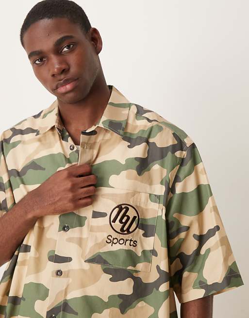 ASOS DESIGN Boxy Oversized Shirt With Chest Embroidery In Camo Print