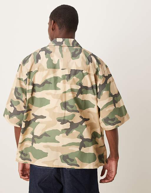 ASOS DESIGN Boxy Oversized Shirt With Chest Embroidery In Camo Print