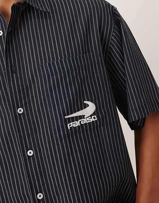 ASOS DESIGN Boxy Oversized Shirt With Chest Embroidery In Navy