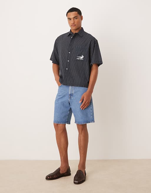 ASOS DESIGN Boxy Oversized Shirt With Chest Embroidery In Navy