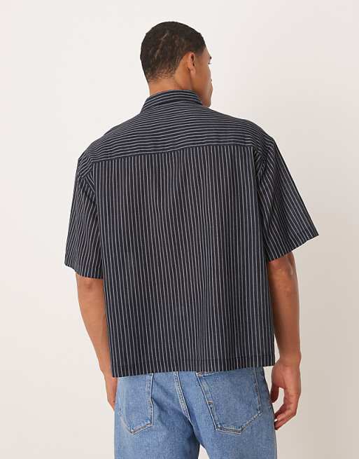 ASOS DESIGN Boxy Oversized Shirt With Chest Embroidery In Navy