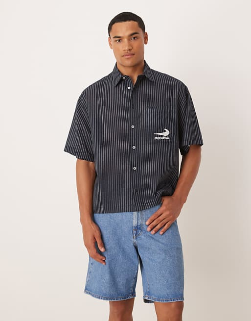 ASOS DESIGN boxy oversized shirt with chest embroidery in navy