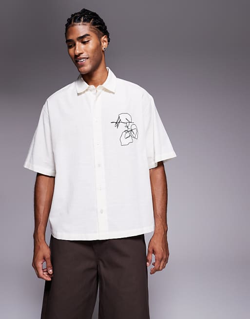 ASOS DESIGN boxy oversized shirt with chest embroidery in beige
