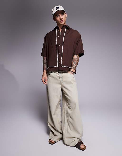 ASOS DESIGN Boxy Oversized Shirt With Crochet Detail In Brown