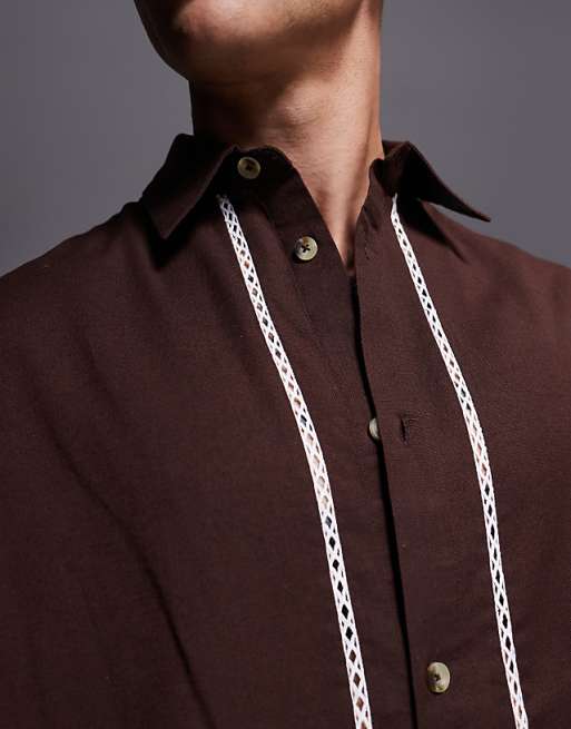 ASOS DESIGN Boxy Oversized Shirt With Crochet Detail In Brown