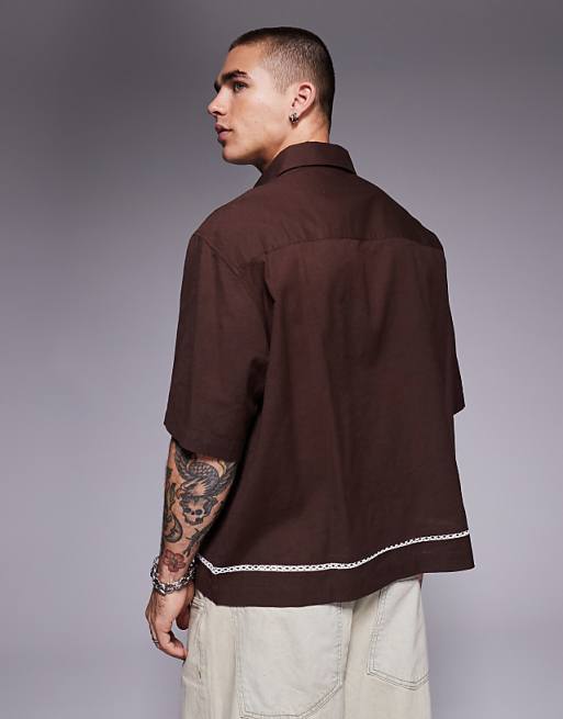 ASOS DESIGN Boxy Oversized Shirt With Crochet Detail In Brown