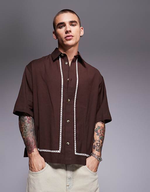ASOS DESIGN boxy oversized shirt with crochet detail in brown