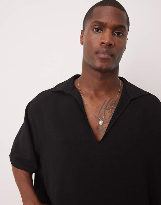 ASOS DESIGN Boxy Oversized Shirt With Deep V Neck In Black