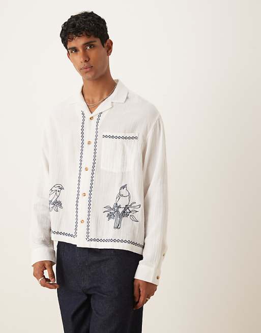 ASOS DESIGN boxy oversized shirt with embroidery in white