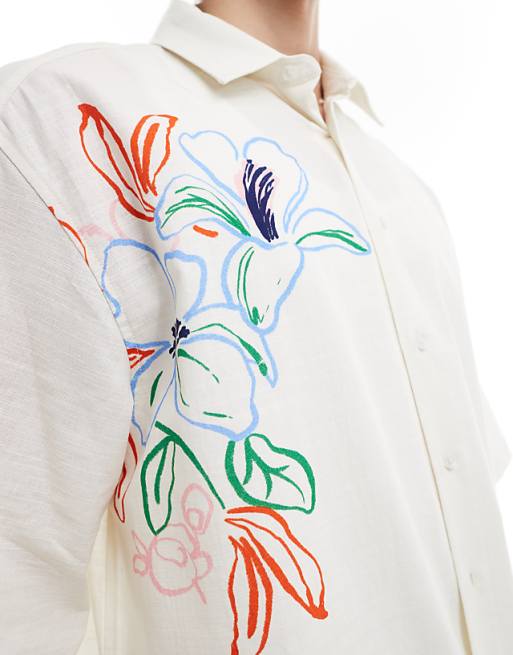 ASOS DESIGN Boxy Oversized Shirt With Floral Print In Stone
