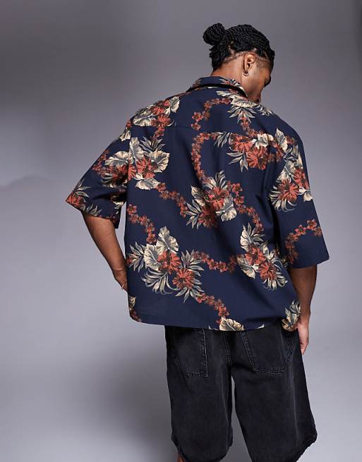 ASOS DESIGN Boxy Oversized Shirt With Floral Print In Brown And Navy