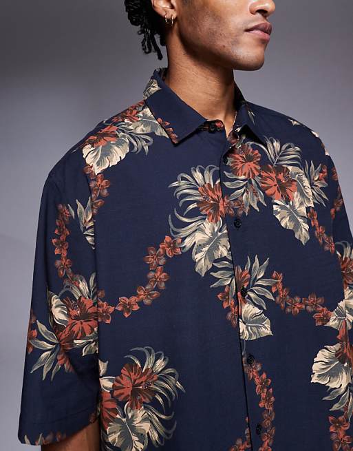 ASOS DESIGN Boxy Oversized Shirt With Floral Print In Brown And Navy