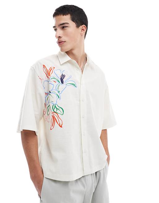 ASOS DESIGN boxy oversized shirt with floral print in stone